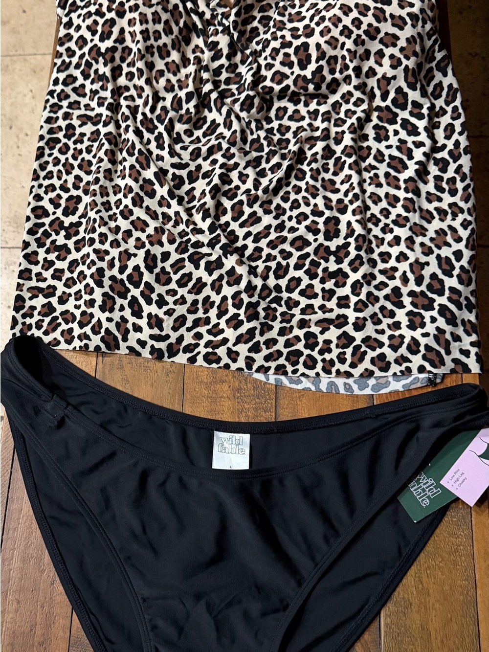 Target Women Swim Leopard Print Tankini Top and Black Bikini Bottoms